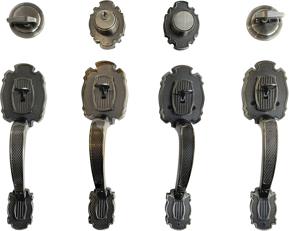 Double Front Door Hardware Set MARA, Heavy Duty Entry Double (Keyed and Dummy) Door Lock Set with Exterior and Interior Grip Handles and deadbolt, Reversible, Antique Brass