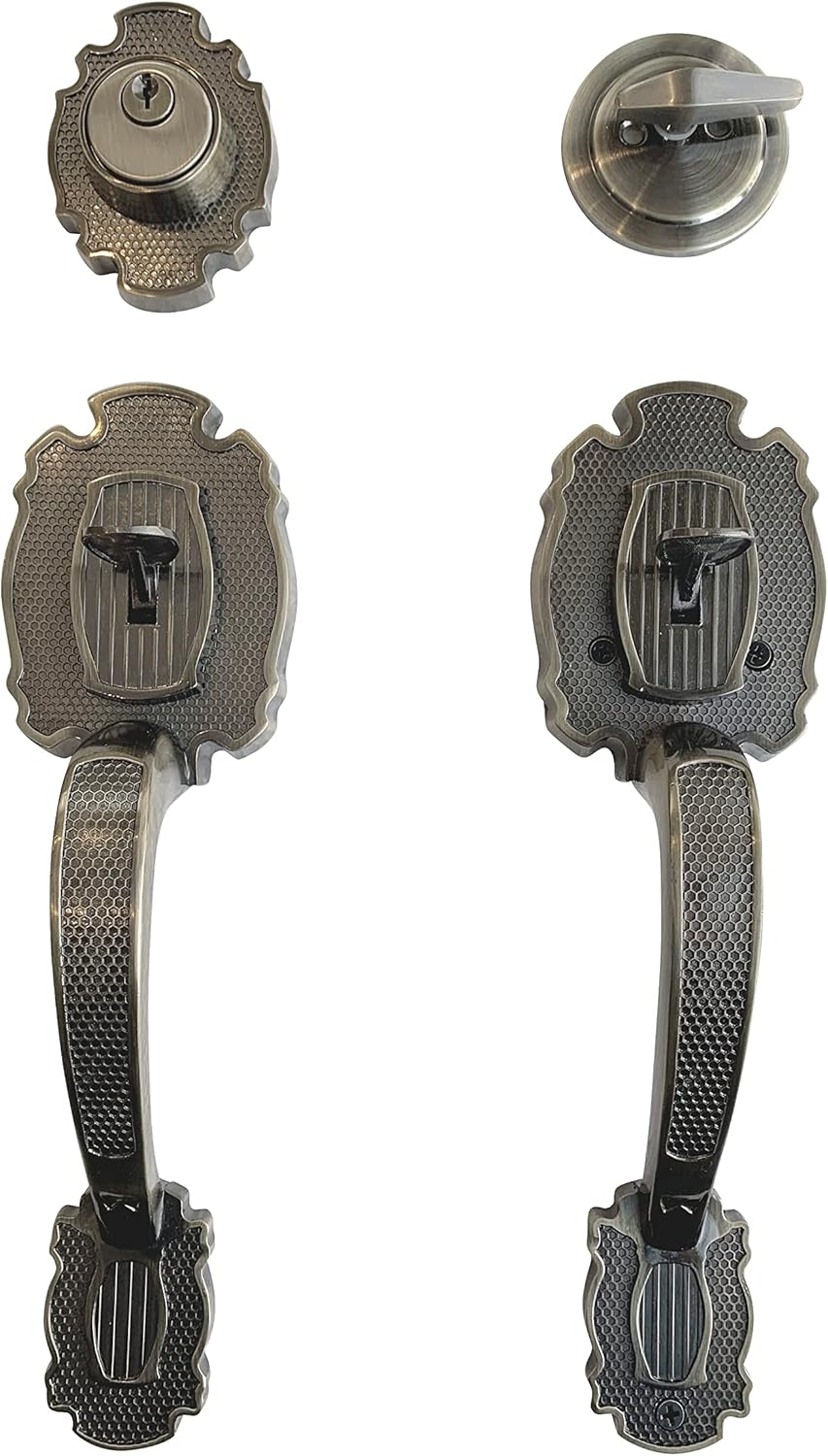 MARA G4U Single Front Door Handle Set, Grip Entry Door Lock Set with Grip Inside and Outside Handle and deadbolt. Fits Standard Exterior Doors. Antique Brass Finish