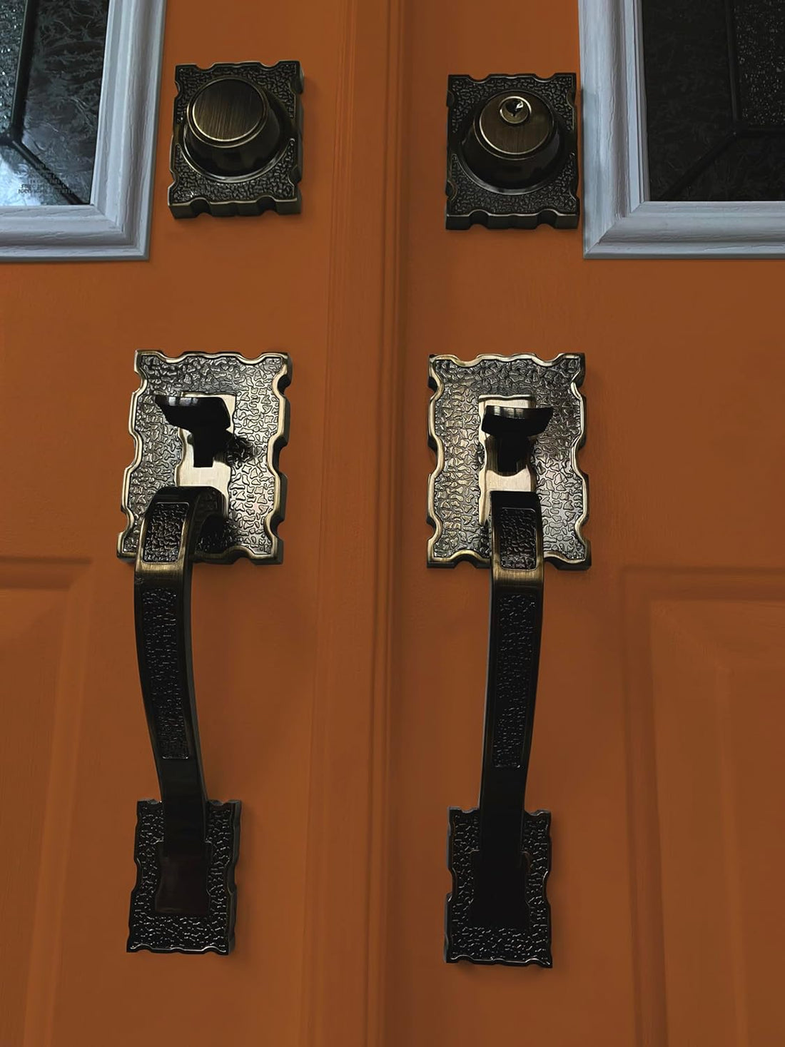 Double Front Door Hardware Set LAMA, Heavy Duty Entry Double (Keyed and Dummy) Door Lock Handleset with Exterior and Interior Grip Handles and deadbolt, Reversible, Antique Brass Finish