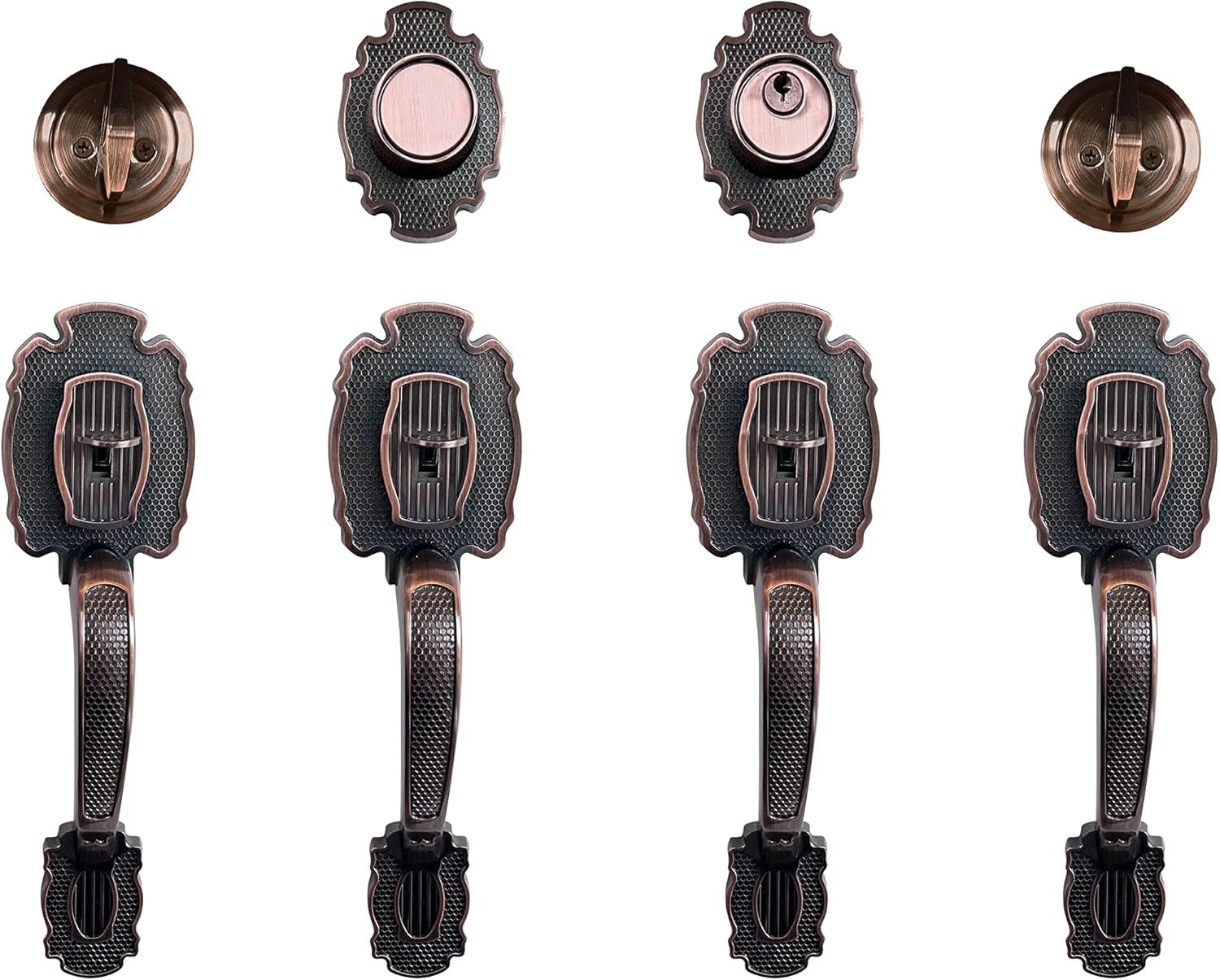 Double Front Door Hardware Set MARA, Heavy Duty Entry Double (Keyed and Dummy) Door Lock Set with Exterior and Interior Grip Handles and deadbolt, Reversible, Antique Copper