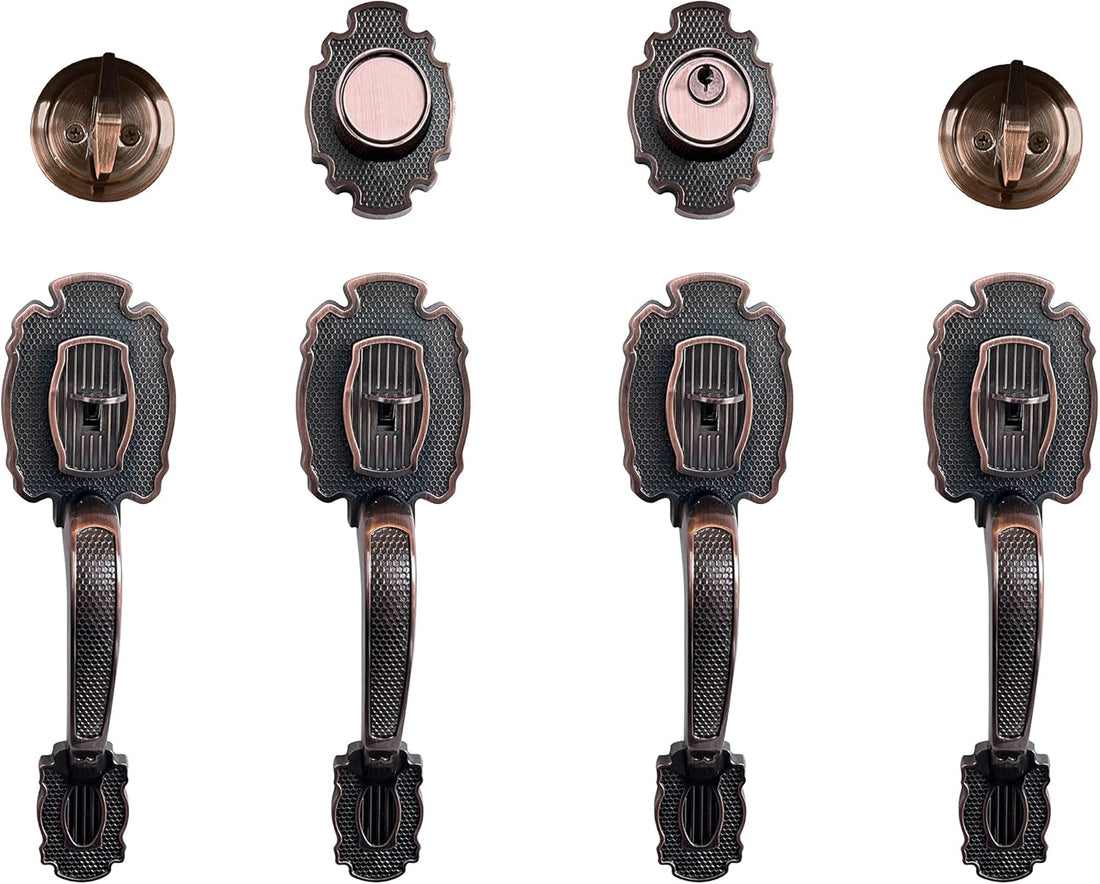 Double Front Door Hardware Set MARA, Heavy Duty Entry Double (Keyed and Dummy) Door Lock Set with Exterior and Interior Grip Handles and deadbolt, Reversible, Antique Copper