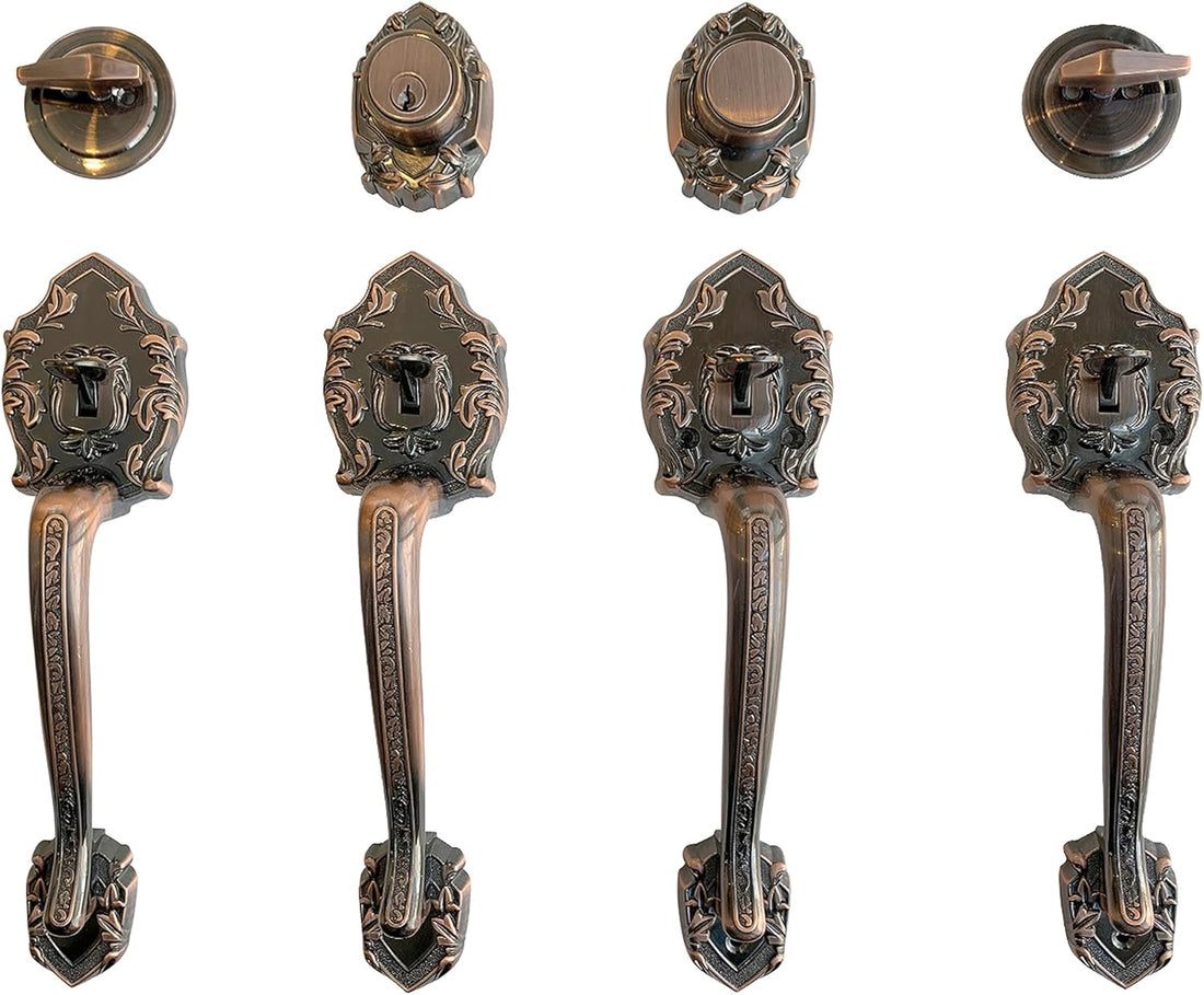 Double Front Door Hardware Set Luna, Heavy Duty Entry Double (Keyed and Dummy) Door Lock Set with Exterior and Interior Grip Handles and deadbolt, Reversible, Antique Copper