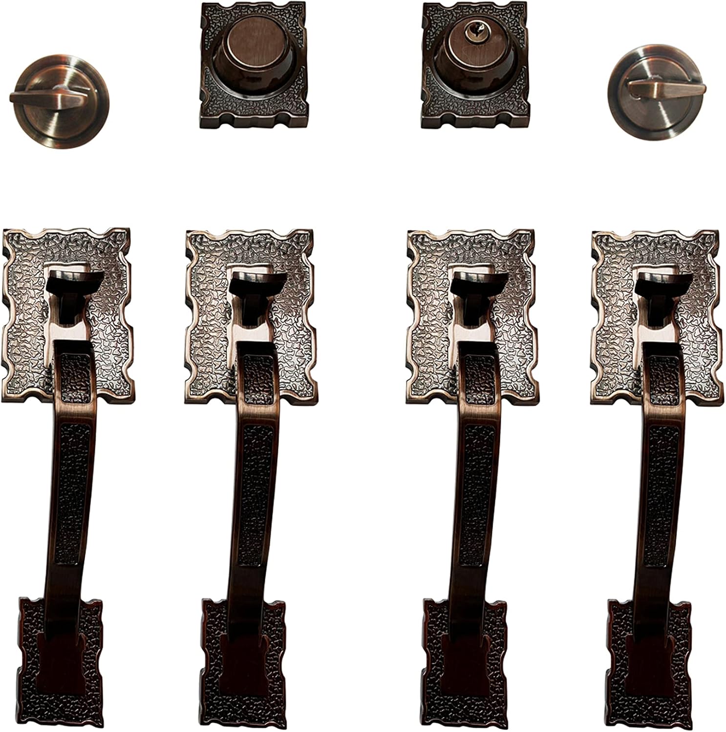 Double Front Door Hardware Set LAMA, Heavy Duty Entry Double (Keyed and Dummy) Door with Exterior and Interior Grip Handles and deadbolt, Reversible, Antique Copper