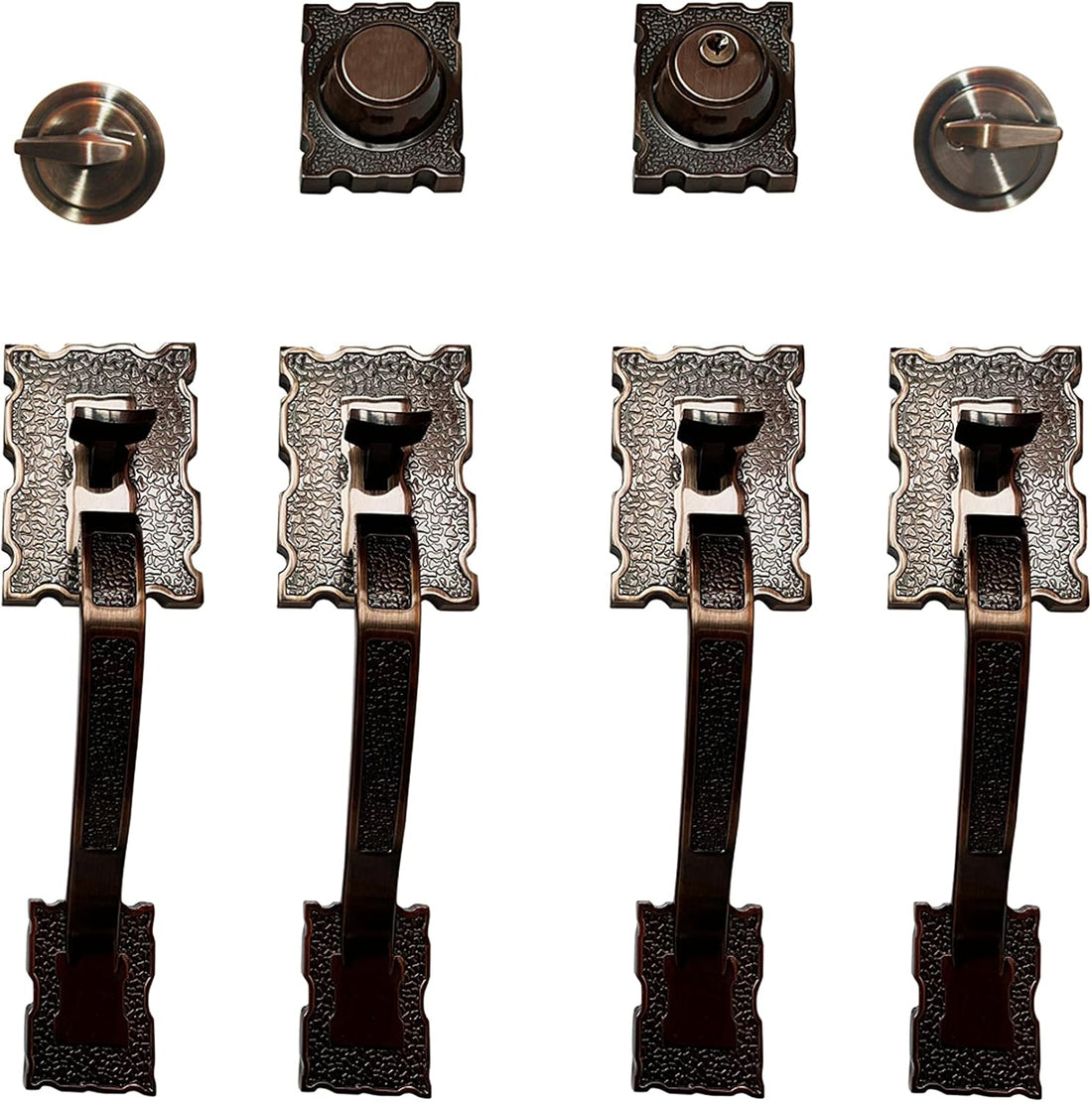 Double Front Door Hardware Set LAMA, Heavy Duty Entry Double (Keyed and Dummy) Door with Exterior and Interior Grip Handles and deadbolt, Reversible, Antique Copper