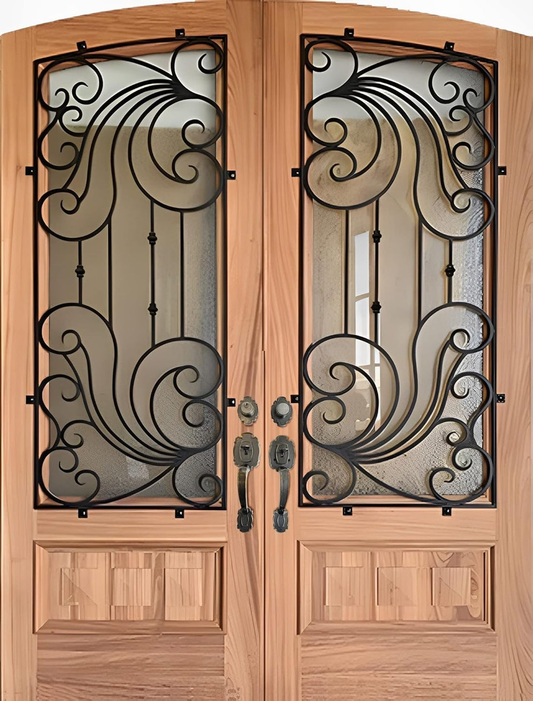 Double Front Door Hardware Set MARA, Heavy Duty Entry Double (Keyed and Dummy) Door Lock Set with Exterior and Interior Grip Handles and deadbolt, Reversible, Antique Brass