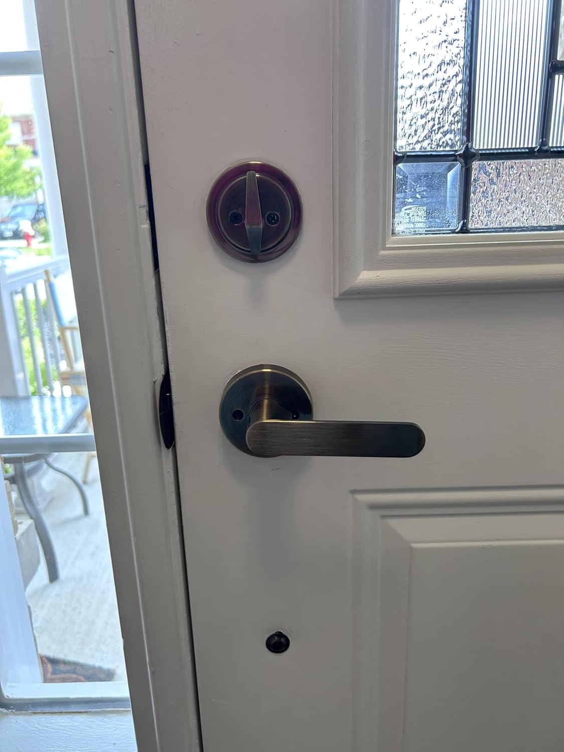 Single Front Door Hardware Set Luna with Lever Handle and deadbolt. European Style. Antique Brass.