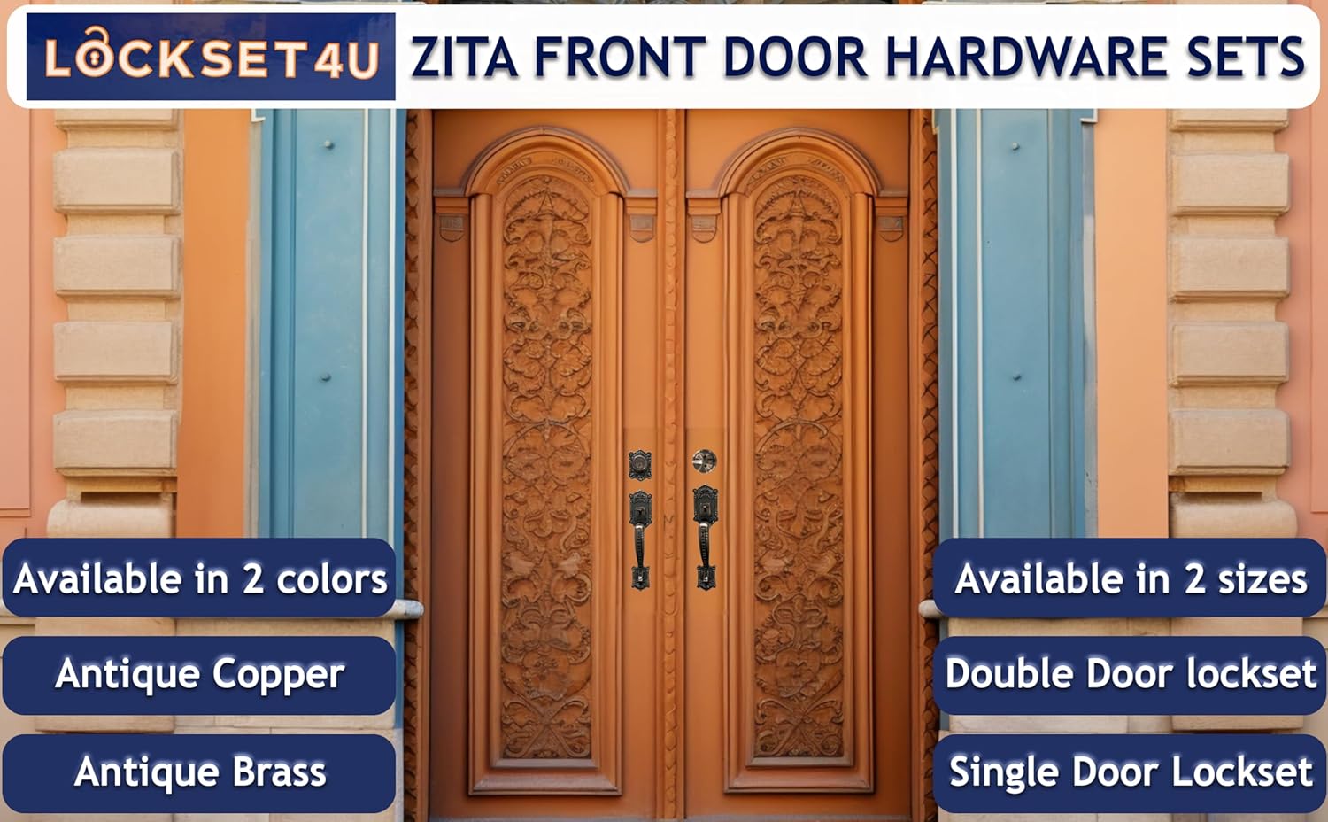 Zita Single Front Door Hardware Set, Grip Entry Door Lock Set with Lever Handle and deadbolt, Antique Brass