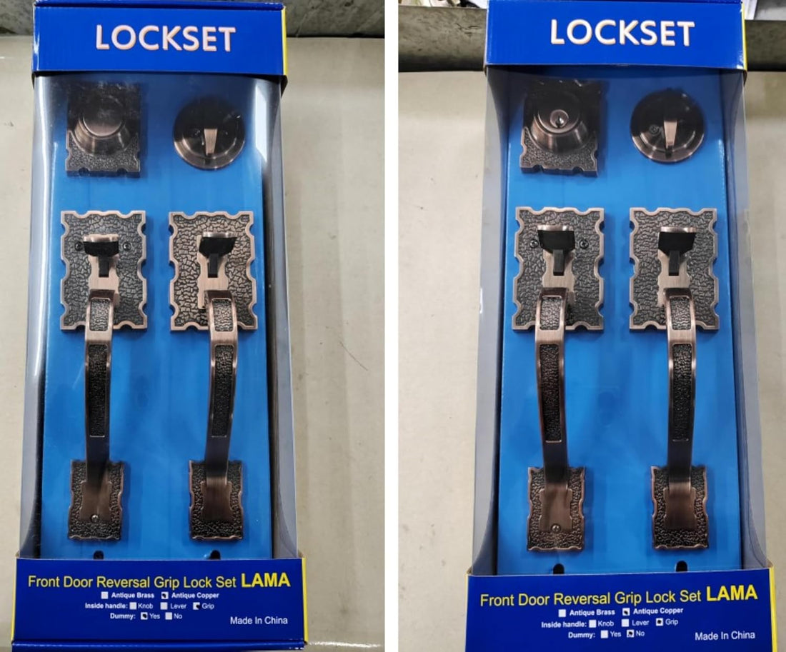 Double Front Door Hardware Set LAMA, Heavy Duty Entry Double (Keyed and Dummy) Door Lock Handleset with Exterior and Interior Grip Handles and deadbolt, Reversible, Antique Brass Finish