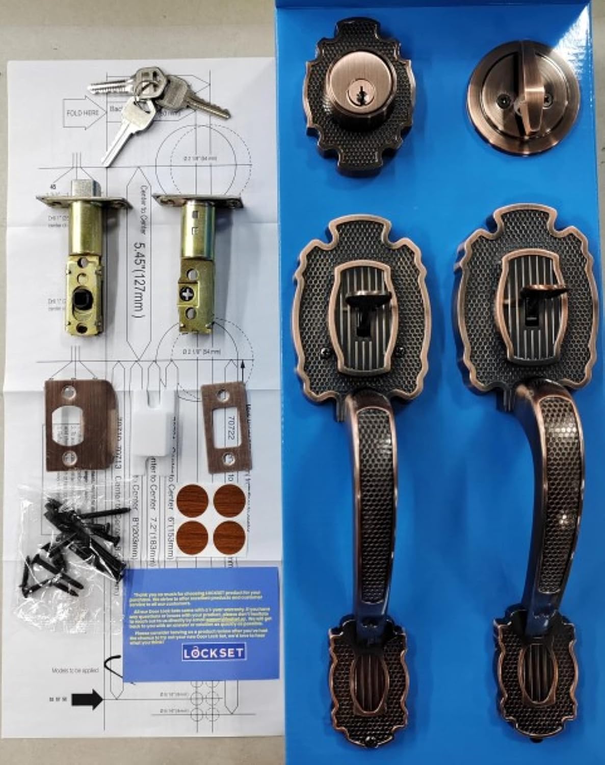 MARA G4U Single Front Door Handle Set, Grip Entry Door Lock Set with Grip Inside and Outside Handle and deadbolt. Fits Standard Exterior Doors. Antique Brass Finish