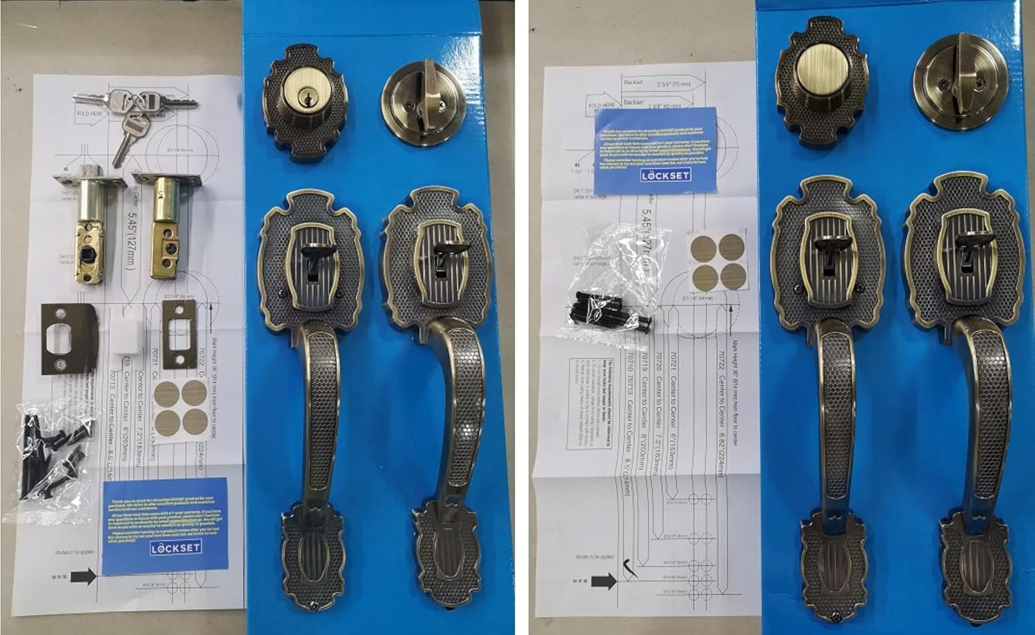 Double Front Door Hardware Set MARA, Heavy Duty Entry Double (Keyed and Dummy) Door Lock Set with Exterior and Interior Grip Handles and deadbolt, Reversible, Antique Brass