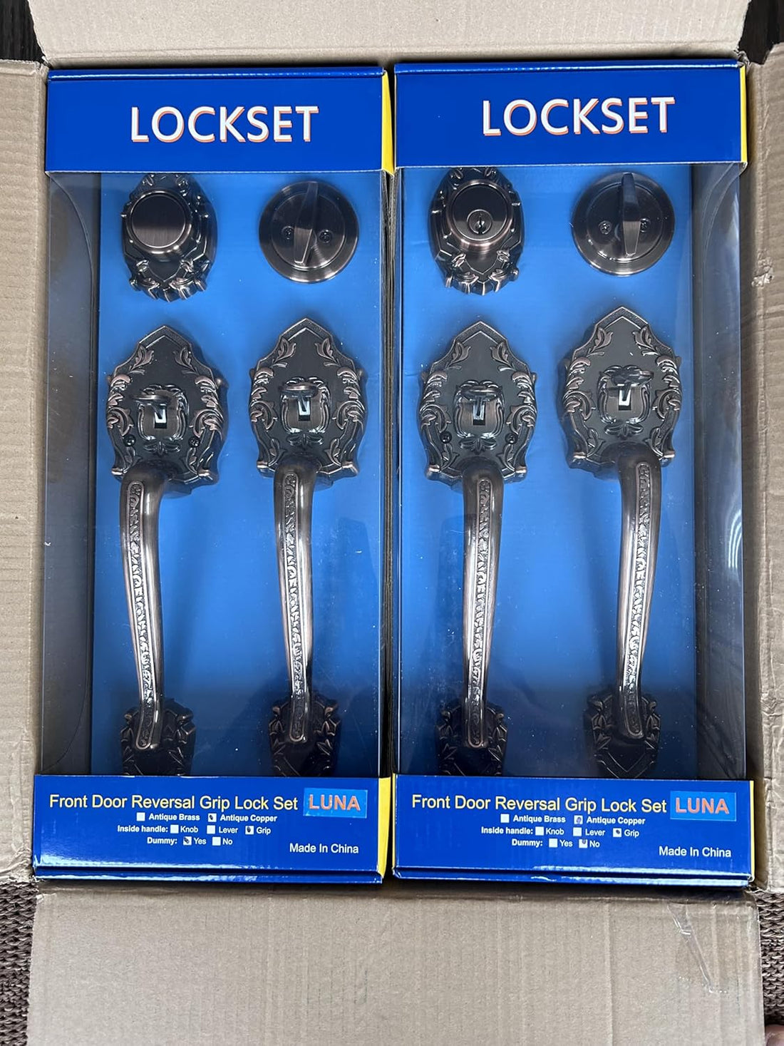 Double Front Door Hardware Set Luna, Heavy Duty Entry Double (Keyed and Dummy) Door Lock Set with Exterior and Interior Grip Handles and deadbolt, Reversible, Antique Copper