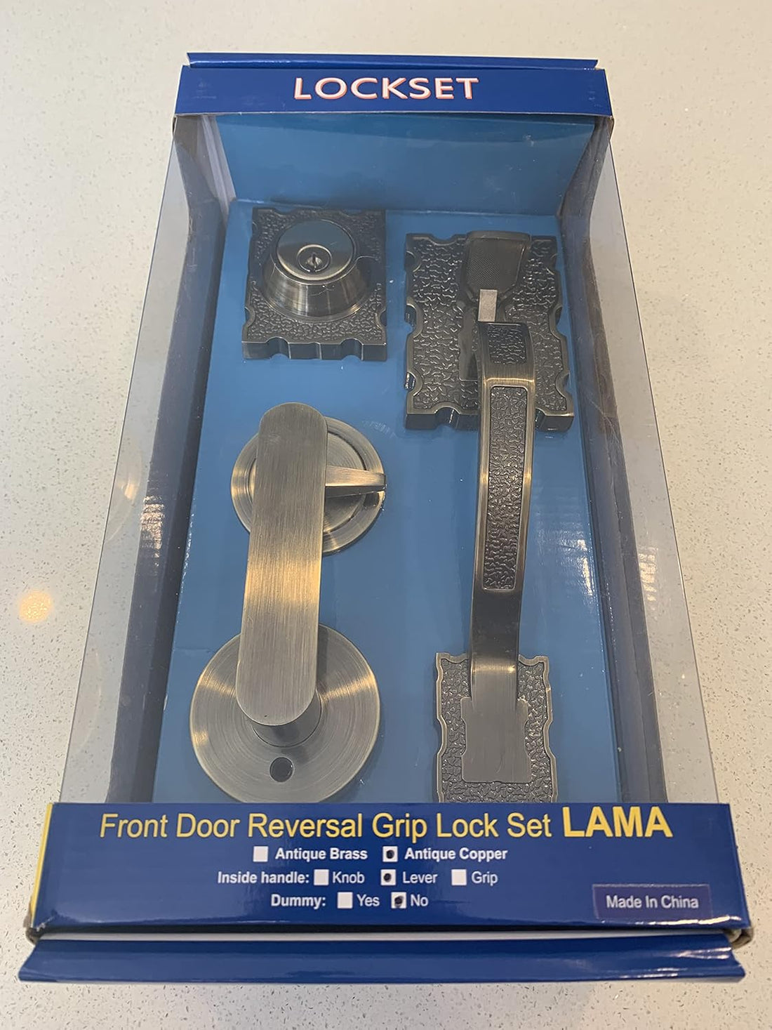 Double Reversal Front Door Hardware Set LAMA, Heavy Duty Grip Entry Double Door with Lever Handle Set and deadbolt, European Style, Antique Brass