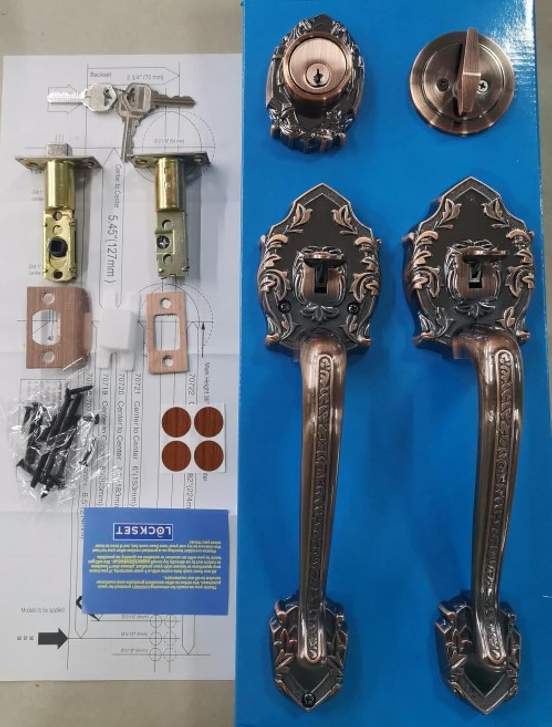 Single Reversal Front Door Hardware Set Luna, Heavy Duty Grip Entry Single Door Lock Set with Grip Handle and deadbolt, Antique Copper