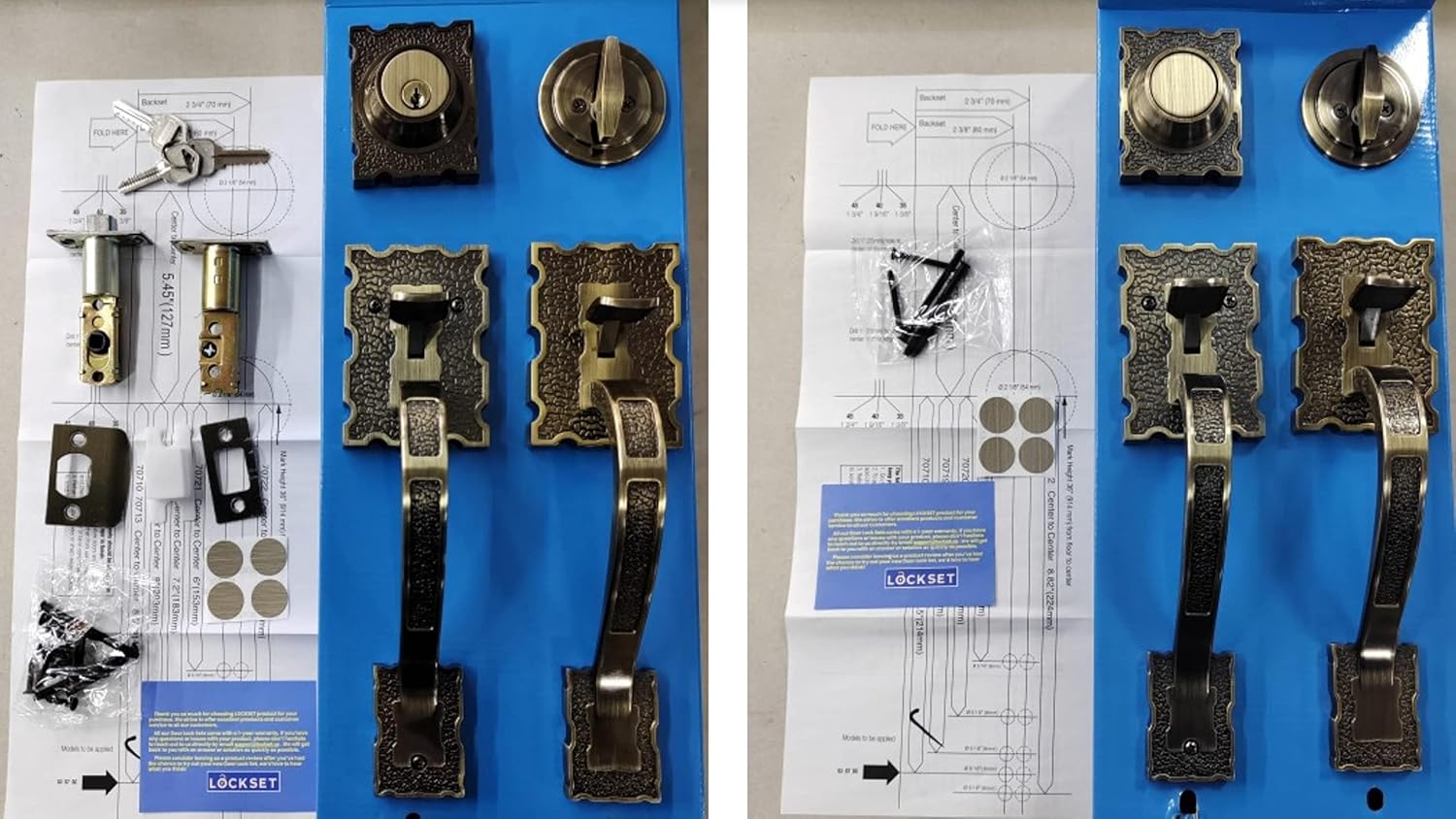 Double Front Door Hardware Set LAMA, Heavy Duty Entry Double (Keyed and Dummy) Door Lock Handleset with Exterior and Interior Grip Handles and deadbolt, Reversible, Antique Brass Finish
