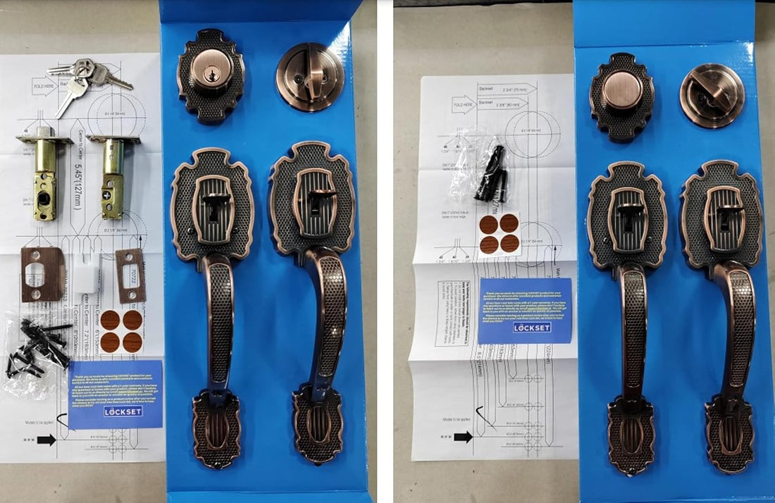 Double Front Door Hardware Set MARA, Heavy Duty Entry Double (Keyed and Dummy) Door Lock Set with Exterior and Interior Grip Handles and deadbolt, Reversible, Antique Copper