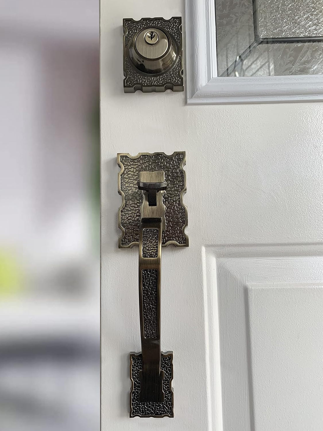 LOCKSET4U Reversible Front Door Hardware Set LAMA with Lever Handle Set and deadbolt, European Style, Antique Brass