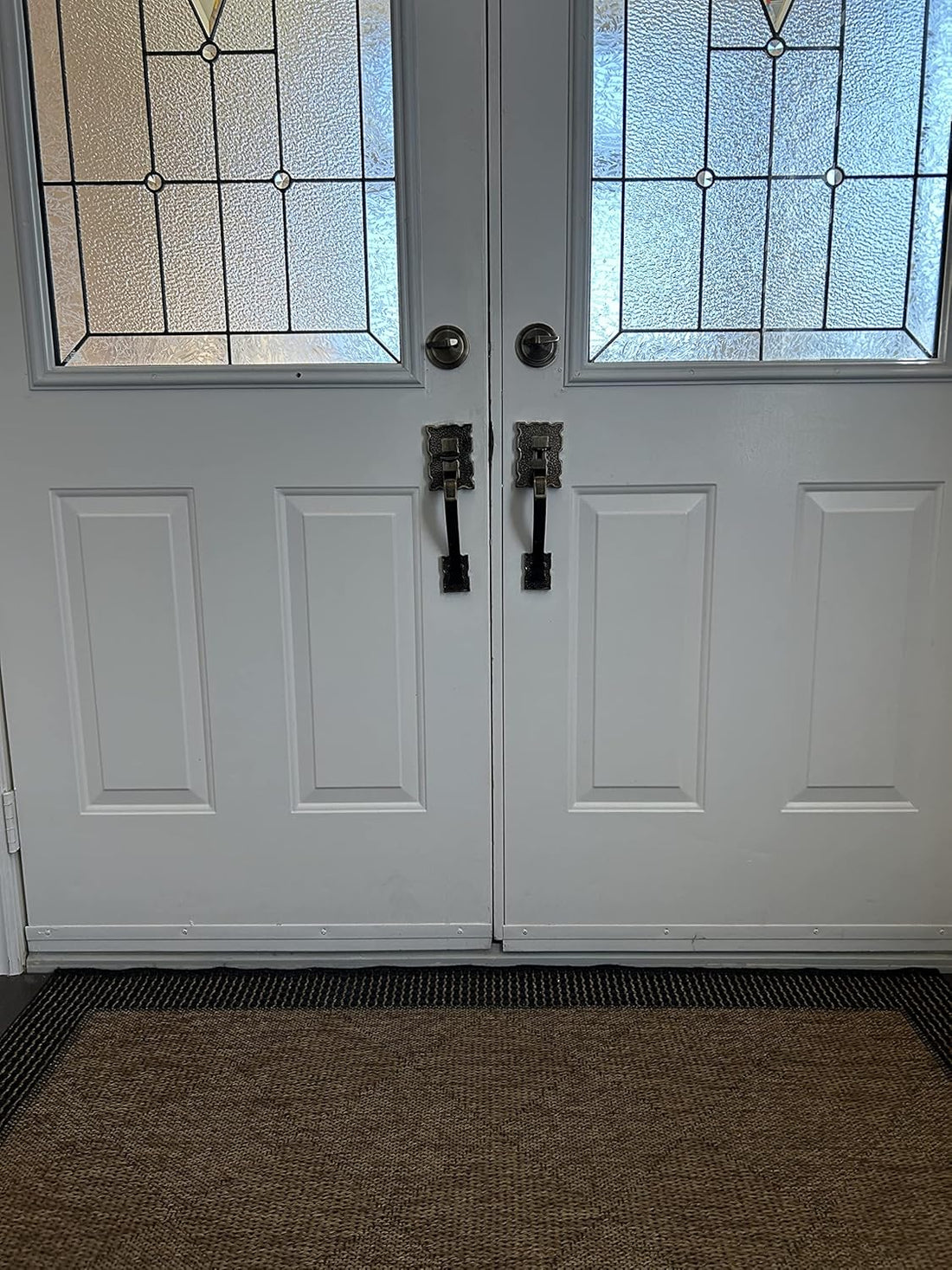 Double Front Door Hardware Set LAMA, Heavy Duty Entry Double (Keyed and Dummy) Door with Exterior and Interior Grip Handles and deadbolt, Reversible, Antique Copper