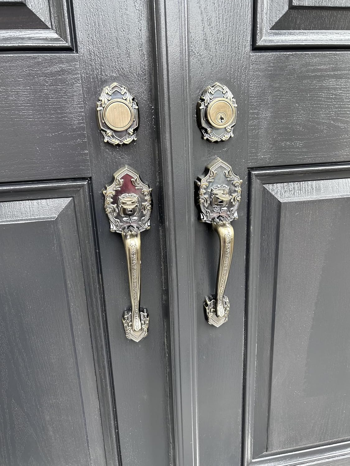 Double Reversal Front Door Hardware Set Luna, Heavy Duty Grip Entry Double Door Lock Set with Lever Handle Set and deadbolt, European Style, Antique Brass
