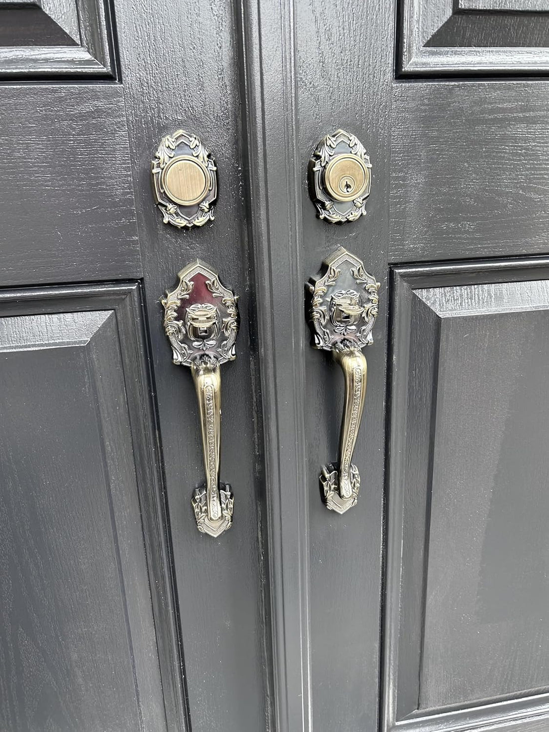 Double Reversal Front Door Hardware Set Luna, Heavy Duty Grip Entry Double Door Lock Set with Lever Handle Set and deadbolt, European Style, Antique Brass