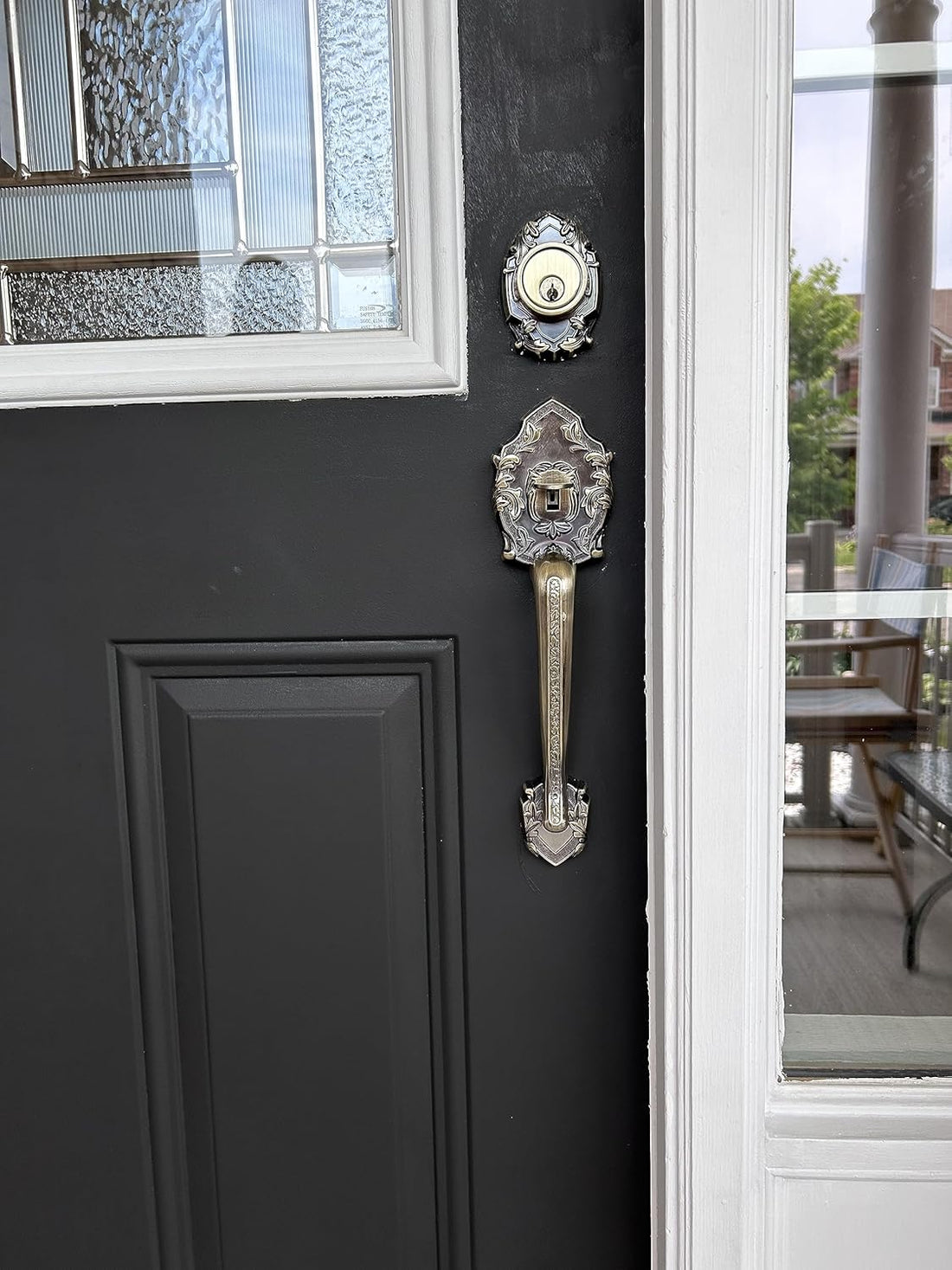 Single Front Door Hardware Set Luna with Lever Handle and deadbolt. European Style. Antique Brass.