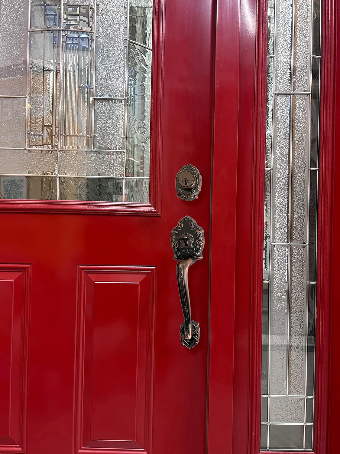 Reversible Front Door Hardware Set Luna with Lever Handle and deadbolt. European Style. Antique Copper.
