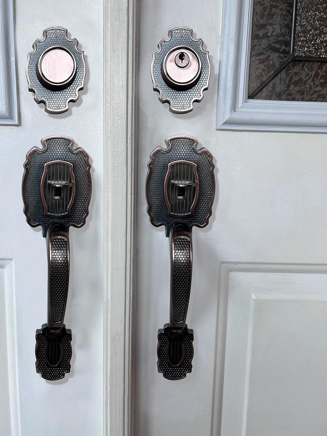 MARA Double Front Door Hardware Set, Grip Entry Door Lock Set with Lever Handle and deadbolt, Antique Copper