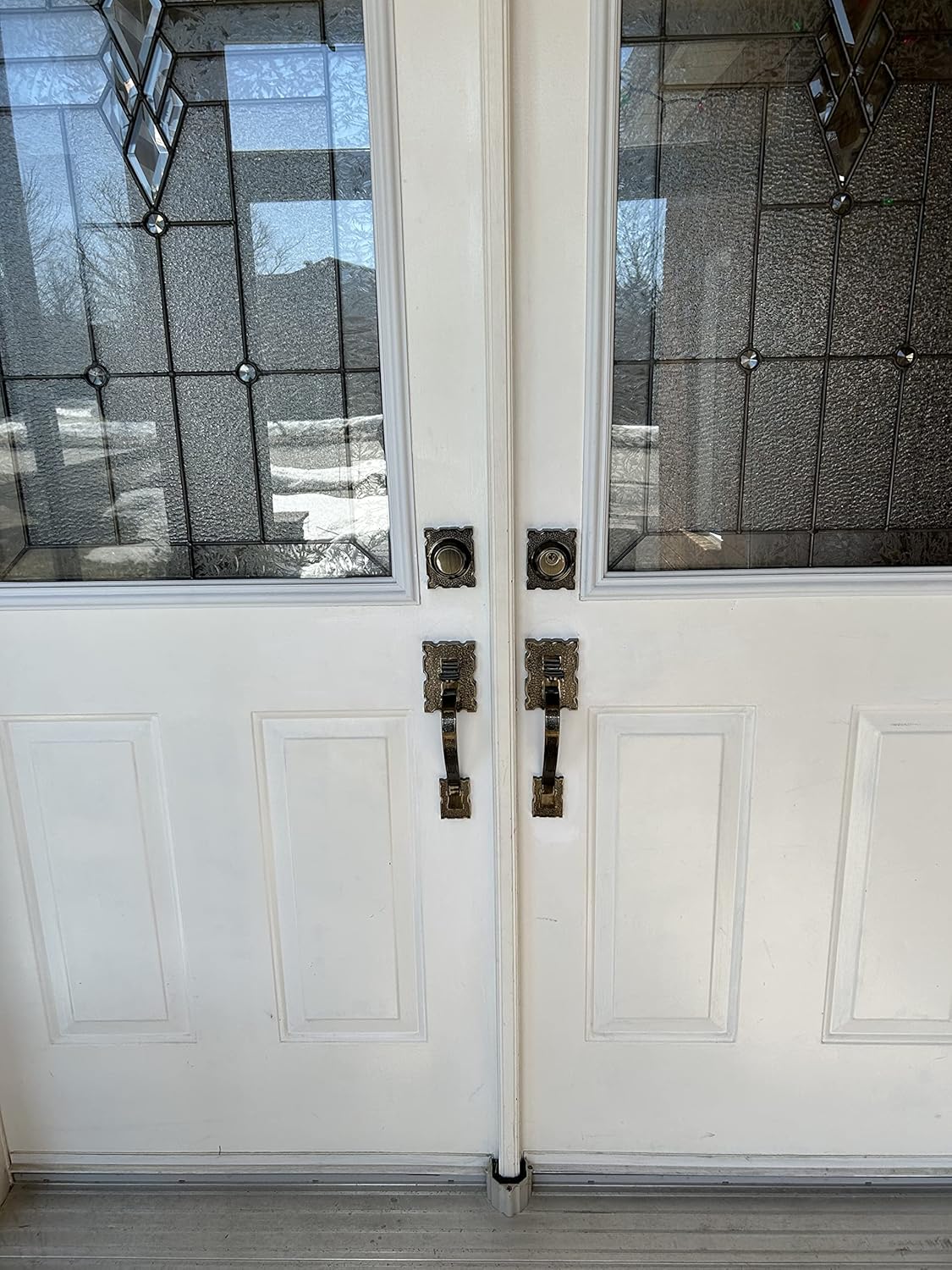 Double Front Door Hardware Set LAMA, Heavy Duty Entry Double (Keyed and Dummy) Door Lock Handleset with Exterior and Interior Grip Handles and deadbolt, Reversible, Antique Brass Finish