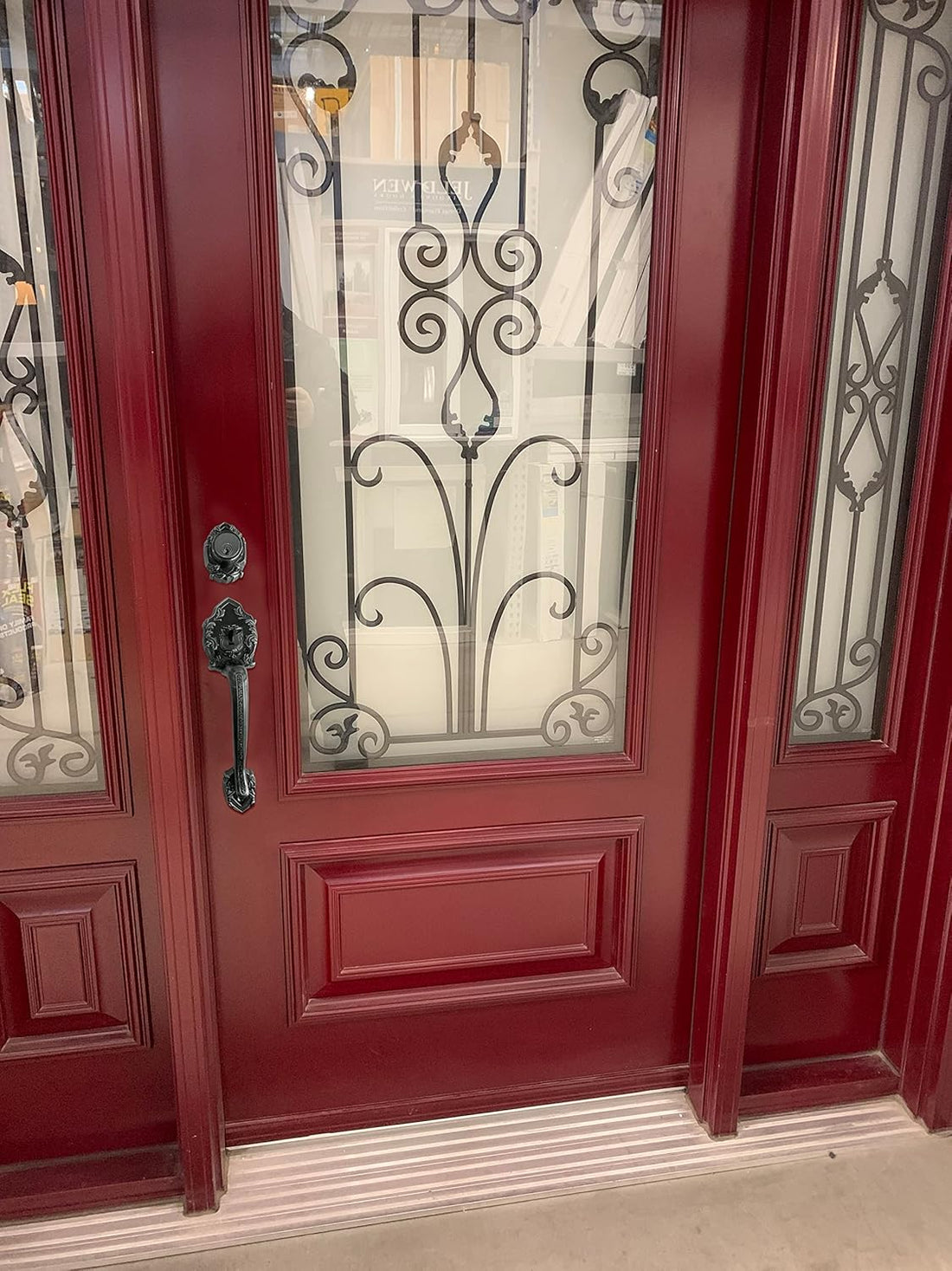 Single Front Door Hardware Set Luna with Lever Handle and deadbolt. European Style. Antique Brass.