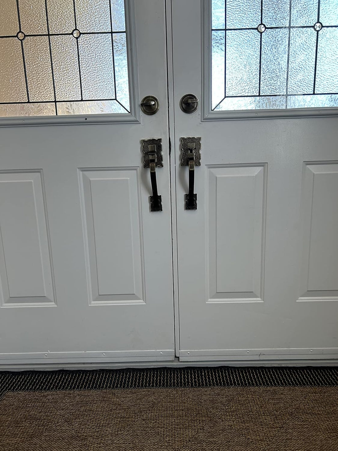 Double Front Door Hardware Set LAMA, Heavy Duty Entry Double (Keyed and Dummy) Door Lock Handleset with Exterior and Interior Grip Handles and deadbolt, Reversible, Antique Brass Finish