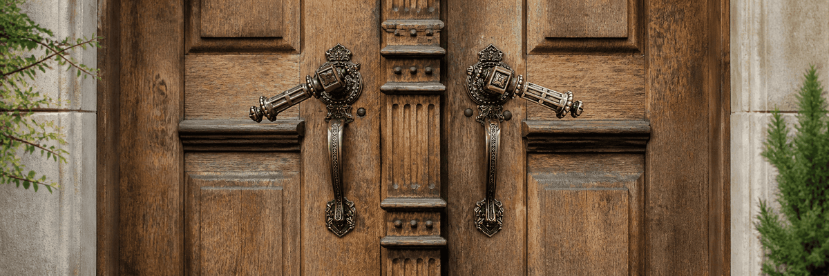 Wooden door with decorative handles and a central panel, flanked by greenery.