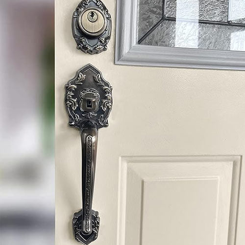 Single Front Door Hardware Set Luna with Lever Handle and deadbolt. European Style. Antique Brass.