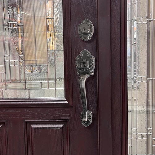 Single Front Door Hardware Set Luna with Lever Handle and deadbolt. European Style. Antique Brass.