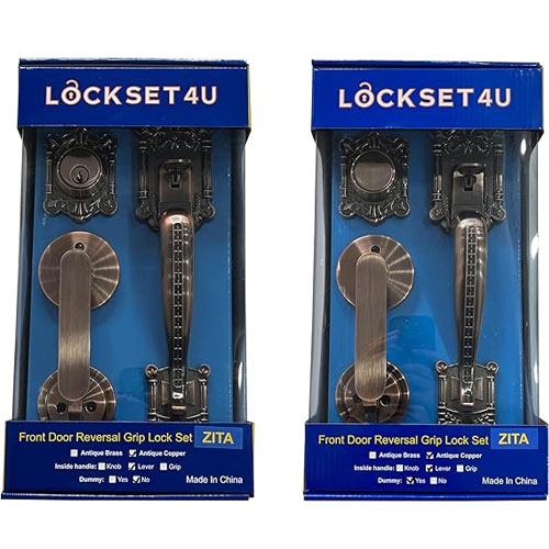 Zita Double Front Door Hardware Set, Grip Entry Door Lock Set with Lever Handle and deadbolt, Antique Copper
