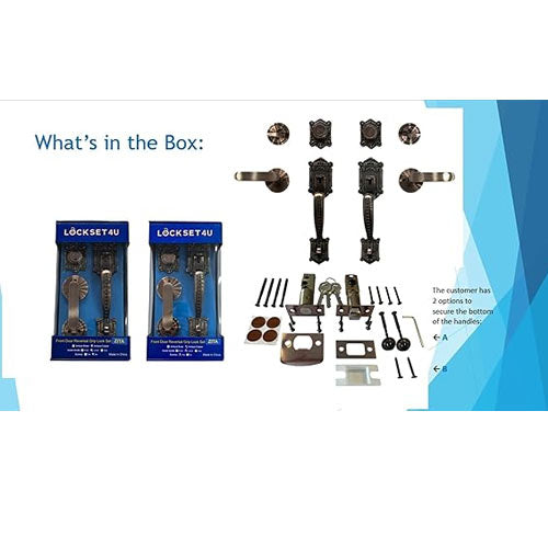 Zita Double Front Door Hardware Set, Grip Entry Door Lock Set with Lever Handle and deadbolt, Antique Copper