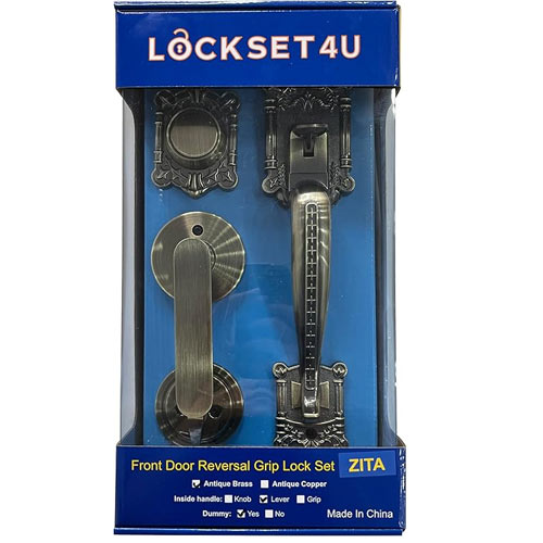Zita Single Front Door Hardware Set, Grip Entry Door Lock Set with Lever Handle and deadbolt, Antique Brass